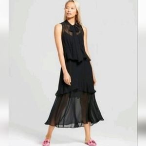 NWT Who What Wear Tie Neck Tiered Ruffle Maxi Dress, XXL, Black